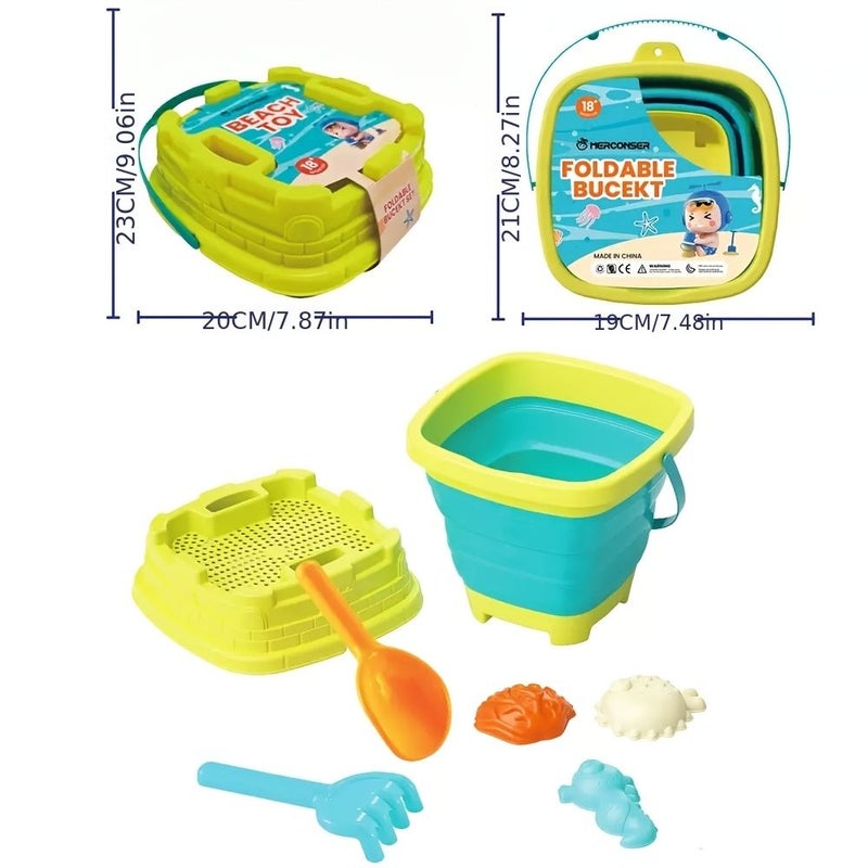 Folding Bucket 6 Piece Set Kids Beach Toy With Shovel And Rake Ocean Molds For Sand Digging Water Play And Outdoor Summer Fun - Image 2