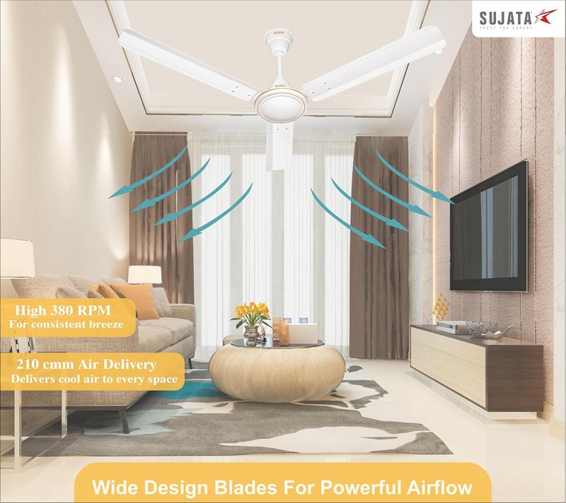 Sujata Ceiling Fan 1200mm 3Year Warranty Ceiling Fan for Living RoomBedroom 100 Copper Winding Powerful airflow BEE Star Rated AL 450 White - Image 5
