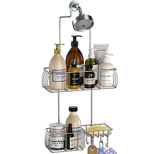 Epicano Anti-Swing Hanging Shower Caddy Stainless Steel 304, Over Head Shower Caddy Rustproof with hooks for Towels, Sponge and more, Chrome - Image 1