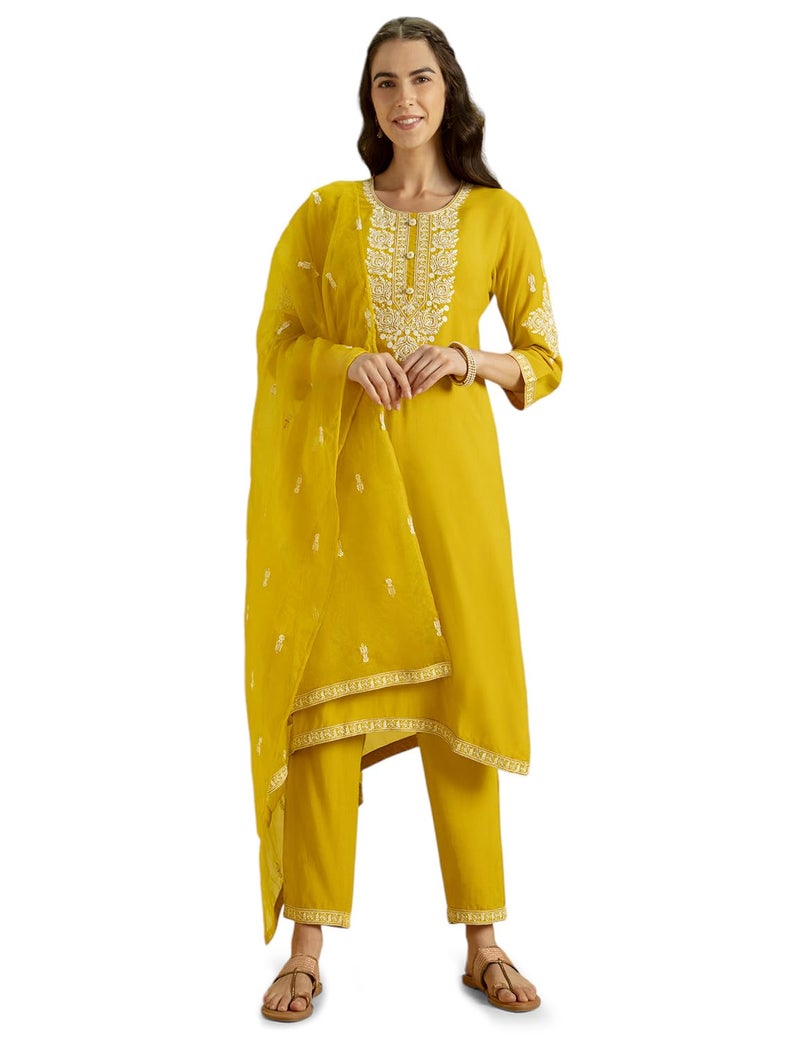 Kaari Women's Chikankari Kurta Set with Dupatta - Straight Fit | Chikankari Embroidery with Zari Highlight | Organza Dupatta with Booti Work | Straight Pant with Side Pocket | Kurta Set for Women - Image 4