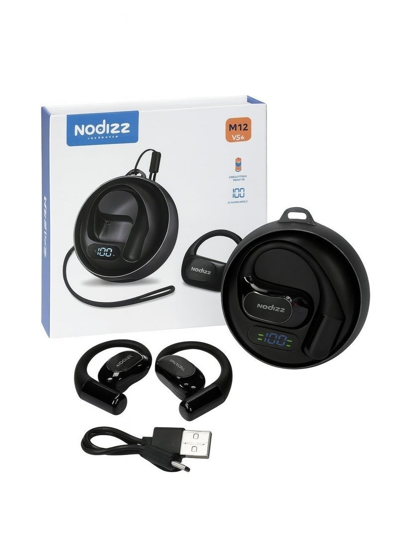 nodizz سماعات أذن لاسلكية M12 V5.4 بلوتوث مع علبة عرض LED | تصميم أذن رياضي آمن | صوت جهير قوي | مكالمات بتأخير منخفض | وقت تشغيل طويل وشحن سريع - Image 1