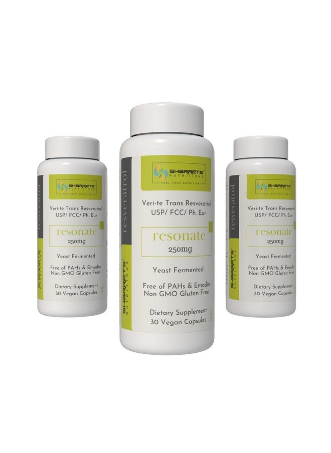 Sharrets Resonate 250Mg - Yeast Fermented Trans Resveratrol Supplement For Skin Heart Bones Eye Brain Health, 3 X 30 Vegan Capsules  - Image 1