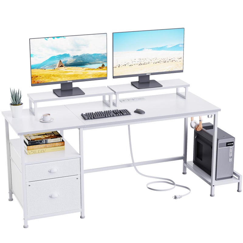 Furologee 55 Computer Desk with File Cabinet and Power Outlets Home Office Desk with 2 Monitor Stands and Storage Drawer Writing Gaming Table with Shelves and 2 Hooks for Bedroom White