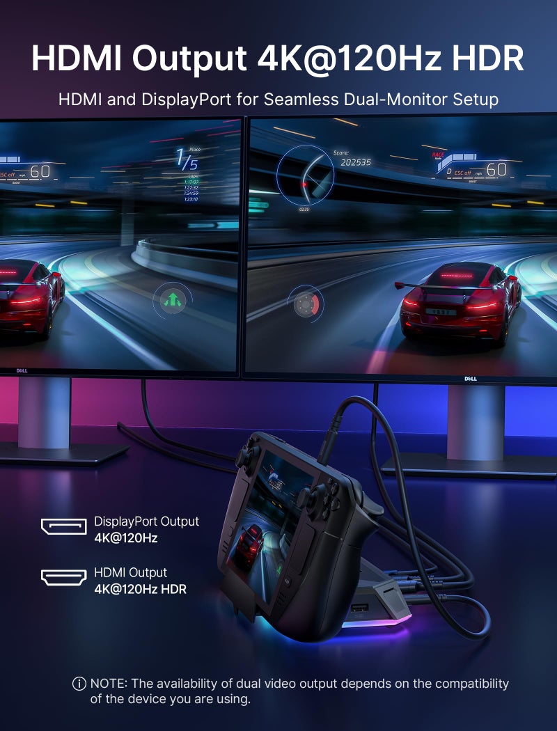 JSAUX RGB Docking Station for Steam Deck (OLED)/ROG Ally/Legion Go, 12-in-1 Handheld Dock with 4K@120Hz HDMI & DisplayPort Gigabit Ethernet USB C 3.2 USB A 3.2/2.0, SD/TF Slots 3.5mm Jack-HB1201S - Image 5