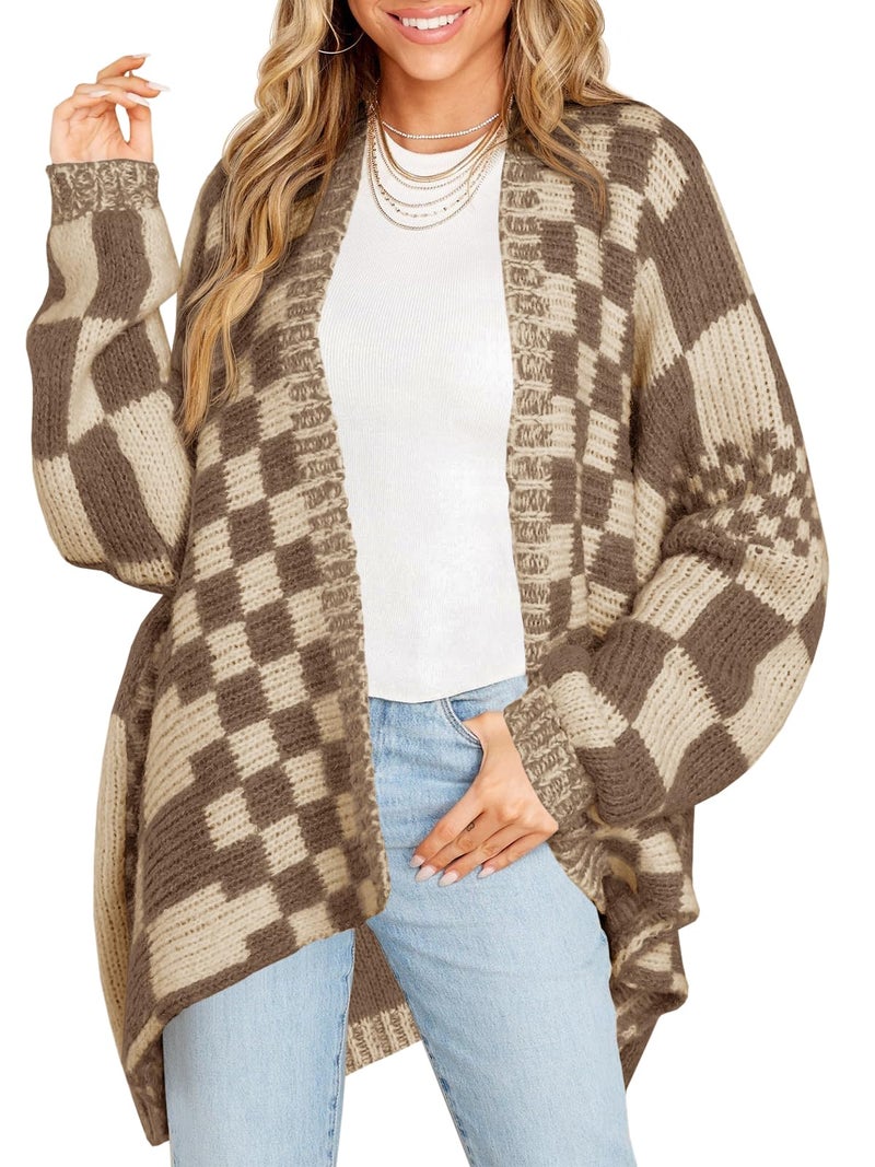 Saodimallsu Womens Checkered Sweater Color Block Plaid Cardigans Oversized Long Sleeve Knit Open Front Coats Dark Khaki - Image 1