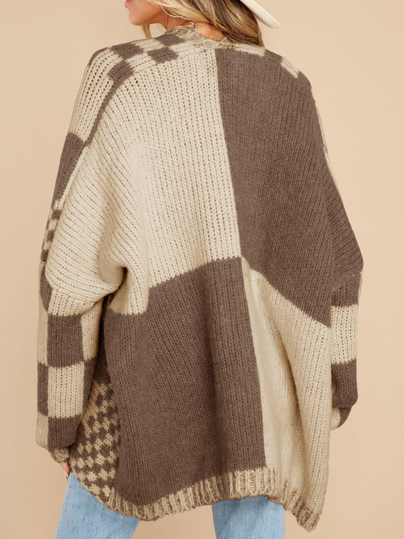 Saodimallsu Womens Checkered Sweater Color Block Plaid Cardigans Oversized Long Sleeve Knit Open Front Coats Dark Khaki - Image 5