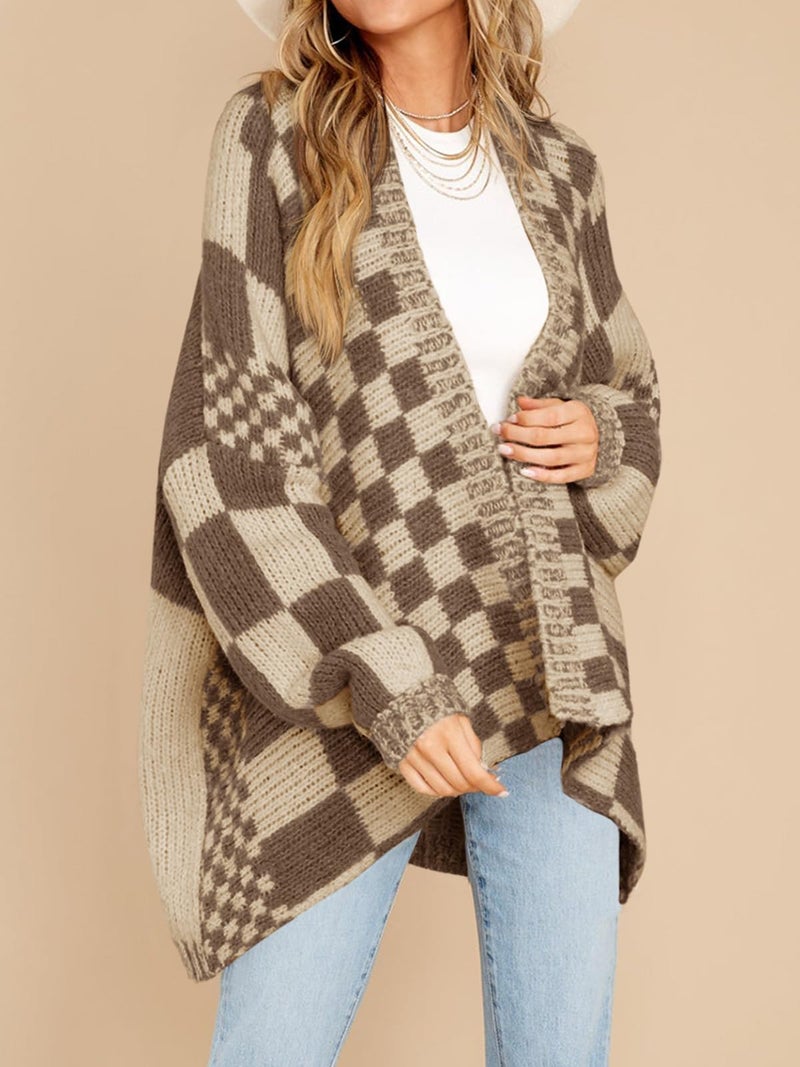 Saodimallsu Womens Checkered Sweater Color Block Plaid Cardigans Oversized Long Sleeve Knit Open Front Coats Dark Khaki - Image 4