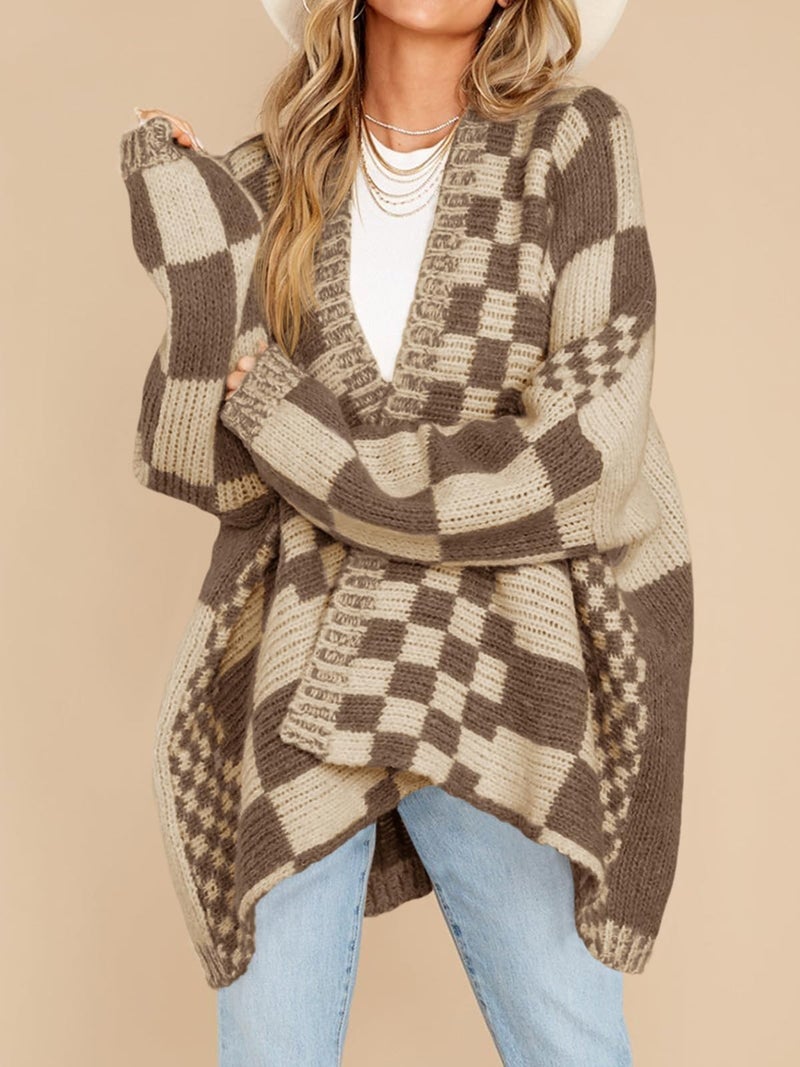 Saodimallsu Womens Checkered Sweater Color Block Plaid Cardigans Oversized Long Sleeve Knit Open Front Coats Dark Khaki - Image 3