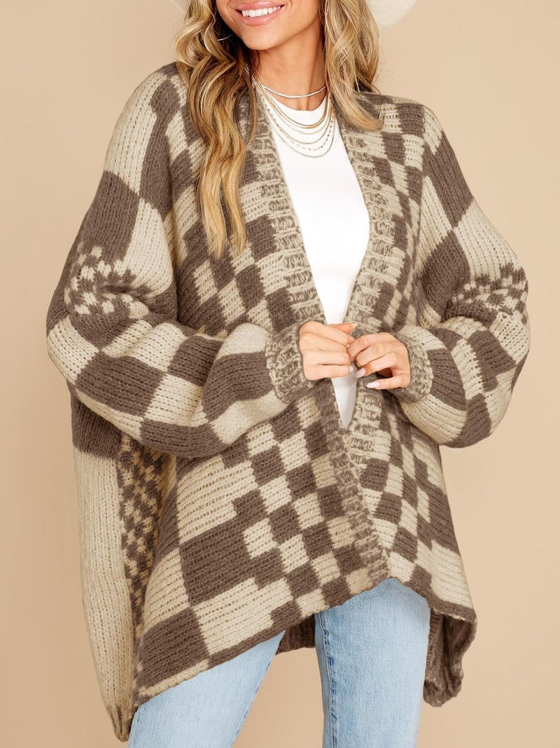 Saodimallsu Womens Checkered Sweater Color Block Plaid Cardigans Oversized Long Sleeve Knit Open Front Coats Dark Khaki - Image 2
