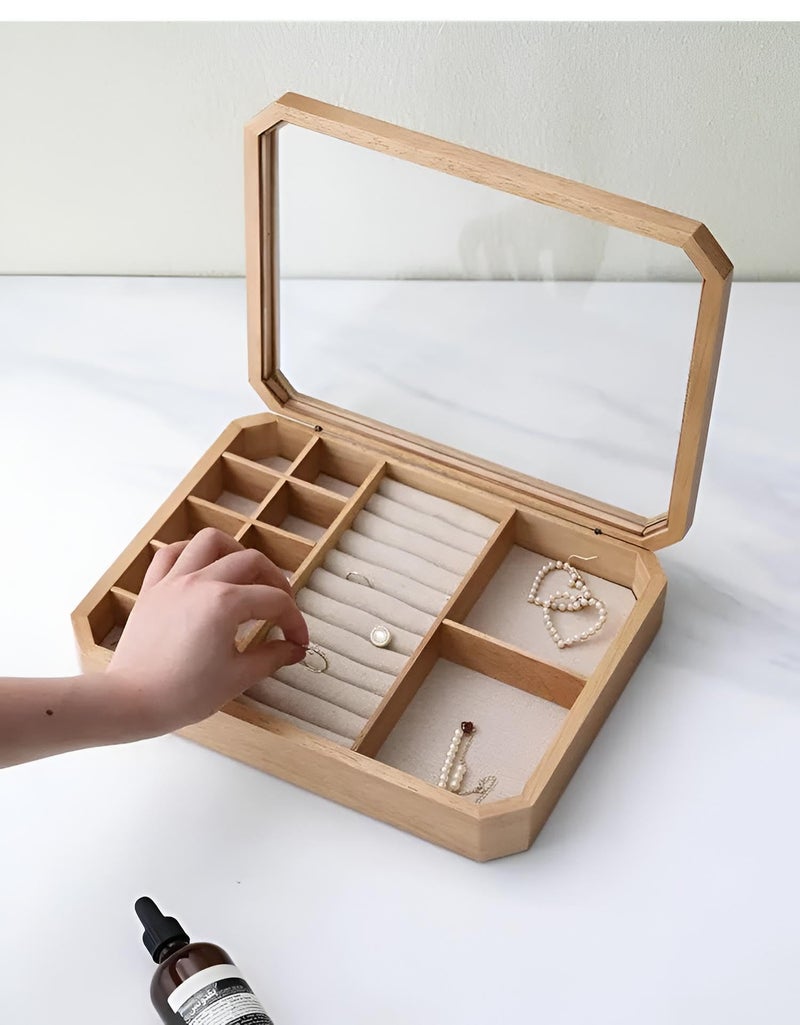 Storage Chest - Durable natural wood container with segmented interior and decorative lid perfect for organizing rings, chains, brooches, and luxury trinkets - Image 1