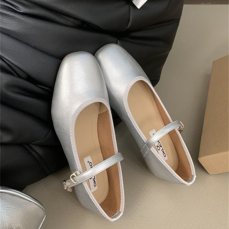 2025 Spring New Korean Style Chanel-Inspired Unique Silver Shoes Round Toe Single Strap Flat Mary Jane Shoes Discontinued - Image 3