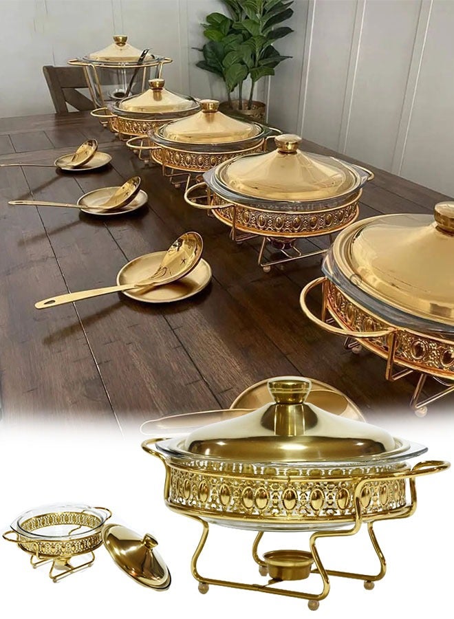 Buffet Stove Food Heating Container with Glass Tray Round Stainless Steel Chafers and Buffet Warmers Sets for Party Catering Wedding  (Gold) - Image 1