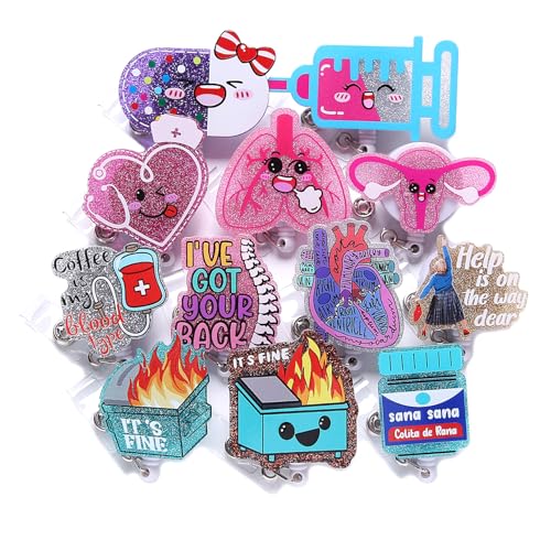 Coeufuedy 12 Pcs Cute Nurse Badge Reels Funny Acrylic Retractable Badge Holder with Alligator Clip Nurse, Cute Cool Id Tag Card Holder Clips for Doctor Student,Teacher,Work Office，Accessories Bulk Gifts - Image 2