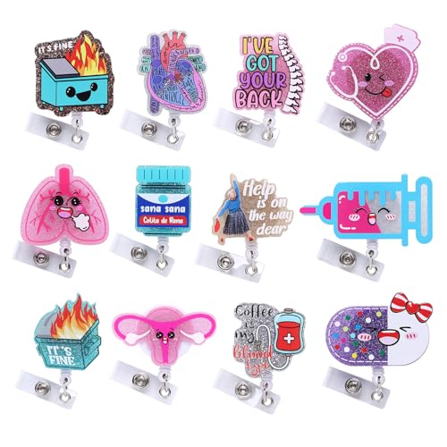 Coeufuedy 12 Pcs Cute Nurse Badge Reels Funny Acrylic Retractable Badge Holder with Alligator Clip Nurse, Cute Cool Id Tag Card Holder Clips for Doctor Student,Teacher,Work Office，Accessories Bulk Gifts - Image 1