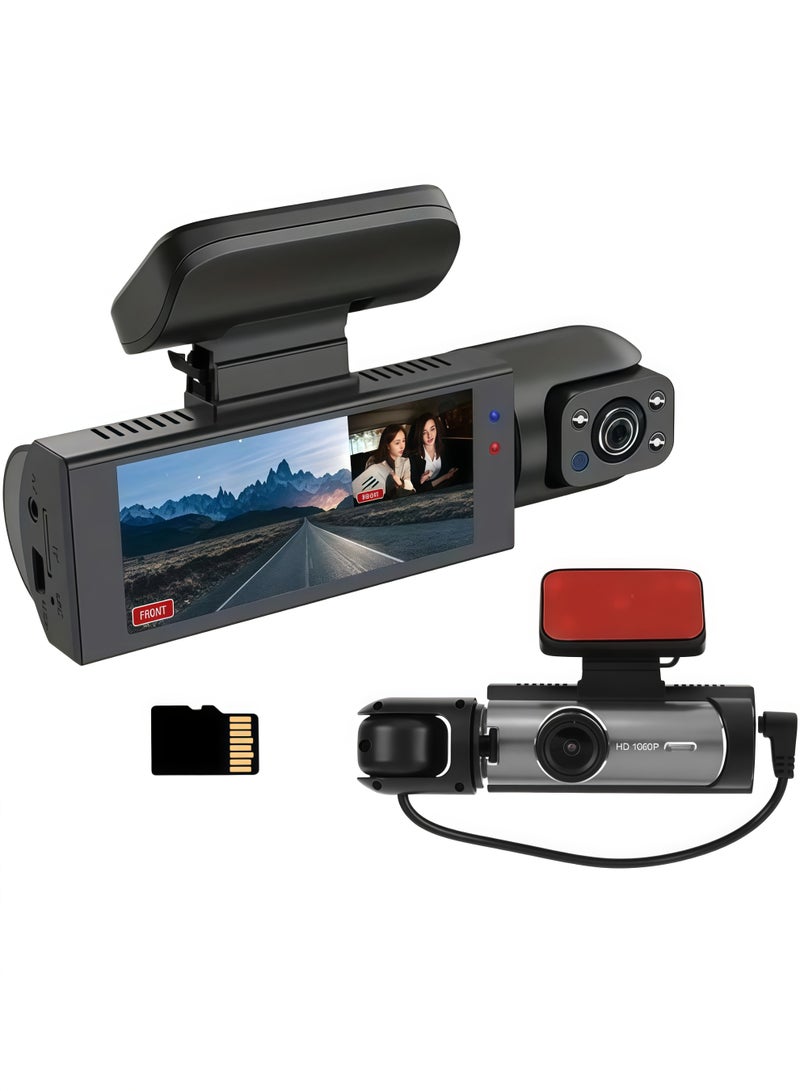 Dual Camera, Car Dash Cam, Front 1080P and Built-in 480P, Car Camera with Infrared Night Vision, Loop Recording, Wide Angle Car DVR Camera with 8.03cm IPS Screen, Dual Lens Car Dashboard Video Camera with 32GB SD Card - Image 1