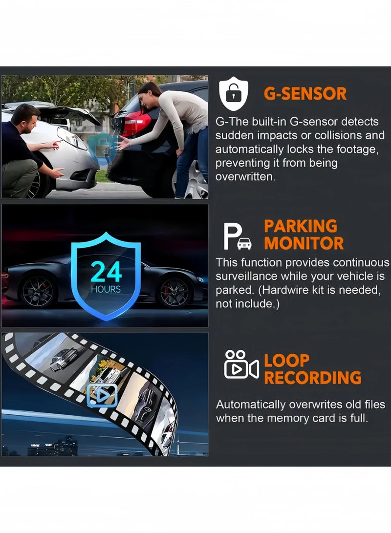 Dual Camera, Car Dash Cam, Front 1080P and Built-in 480P, Car Camera with Infrared Night Vision, Loop Recording, Wide Angle Car DVR Camera with 8.03cm IPS Screen, Dual Lens Car Dashboard Video Camera with 32GB SD Card - Image 5