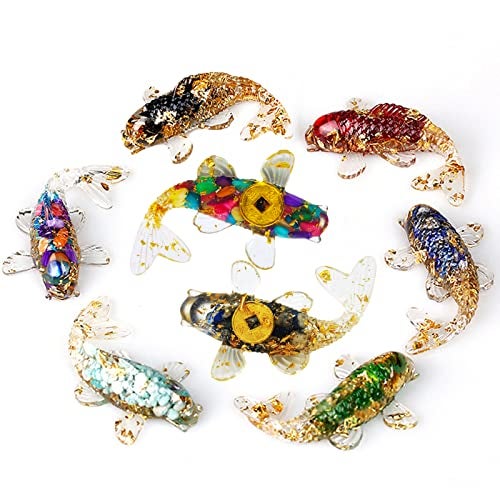 DIYOMR Set of 6 Crystals Fish Hand-dripped Resin Fused with Colorful Crystal Rocks Stones Fake Gold Coins,Blessed Carp Bring Luck Wealth,DIY Home Wall Desk Decor - Image 1