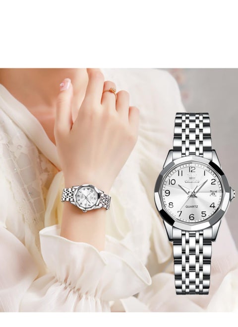 OLEVS Women's Watch Classic Dress Digital Women's Watch Analog Quartz Stainless Steel Waterproof Luminous Date Two-tone Easy to Read Watch