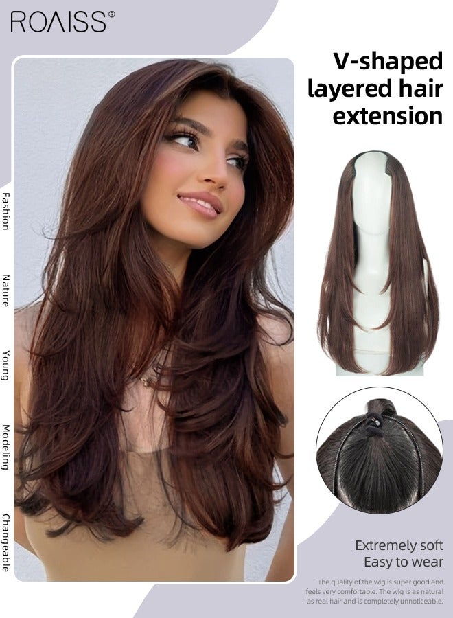 roaiss V-Shaped Layered Hair Extensions, One Piece Straight Hair Extension Wig with 4 Clips, Heat Resistant Synthetic Hairpiece for Women Girls, Dark Brown, 55cm (22 inches)  - Image 1
