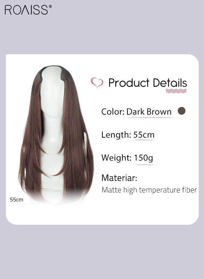 roaiss V-Shaped Layered Hair Extensions, One Piece Straight Hair Extension Wig with 4 Clips, Heat Resistant Synthetic Hairpiece for Women Girls, Dark Brown, 55cm (22 inches)  - Image 3