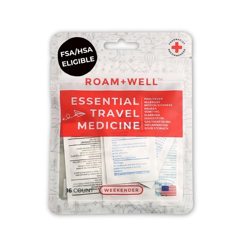 Roamwell Essential Travel Medicine Kit OTC Travel Medication TSA Approved Weekender 16 Tablets