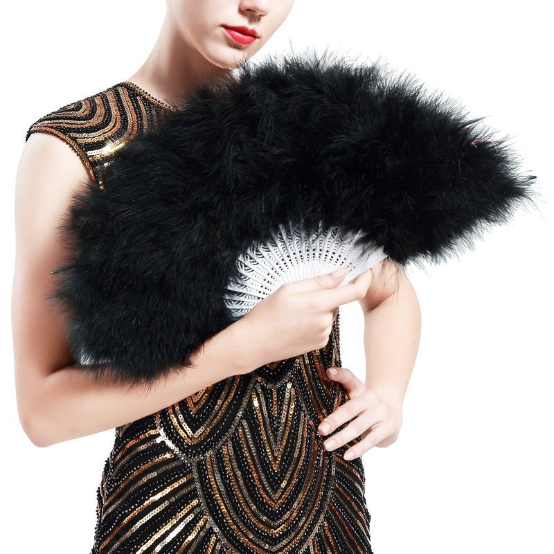 BABEYOND Marabou Feather Fan 20s Vintage Folding Fan Flapper Hand Fan for Costume Dancing Show Tea Party Wedding Decoration (Black) - Image 4