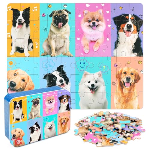 LELEMON Puzzles for Kids Ages 46Dog 60 Piece Puzzles for Kids Ages 48Children Jigsaw Puzzles Kids Puzzles in a Metal BoxEducational Learning Puzzle Toys for Girls and Boys - Image 1