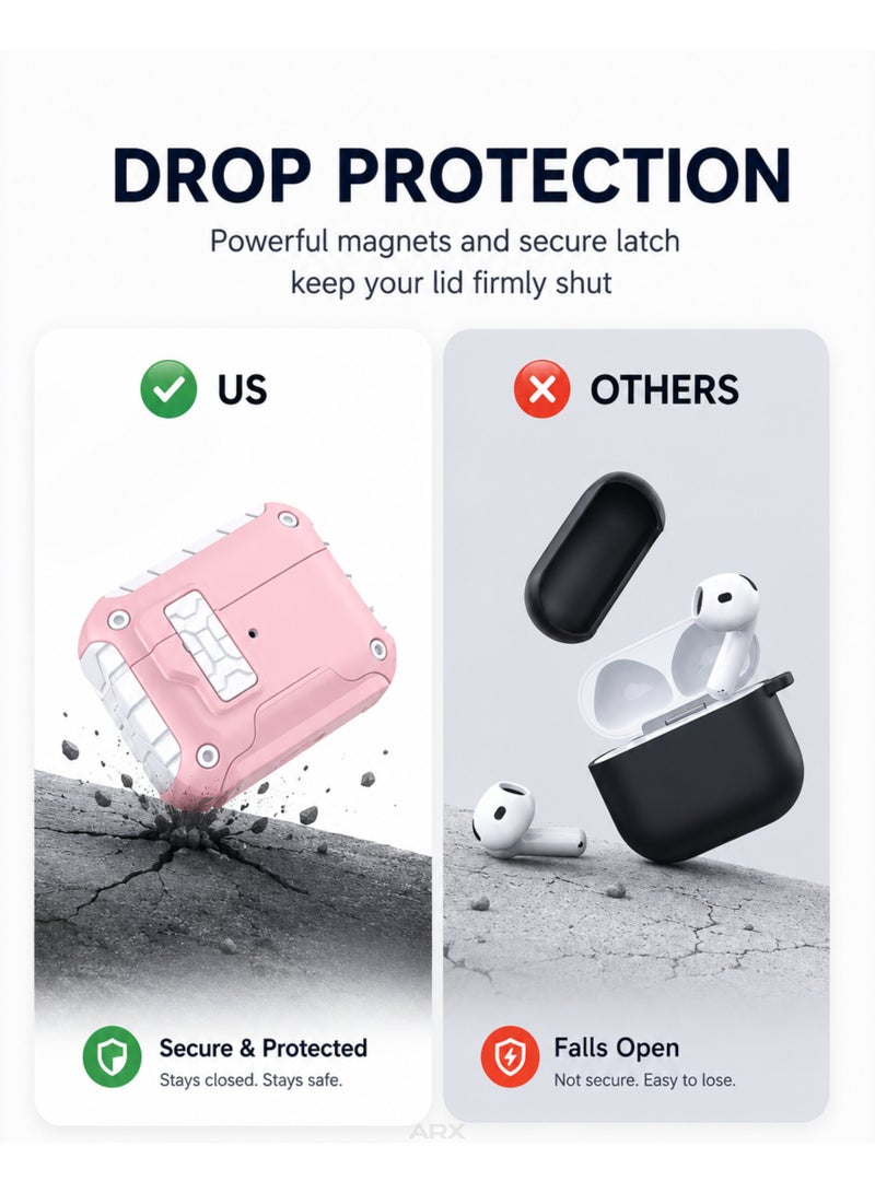ARX AirPods Pro 3 Case with Secure Lock & Carabiner Clip, Rugged Shockproof Protective Cover (MagSafe Compatible, Front LED Visible) – Pink & White - Image 3