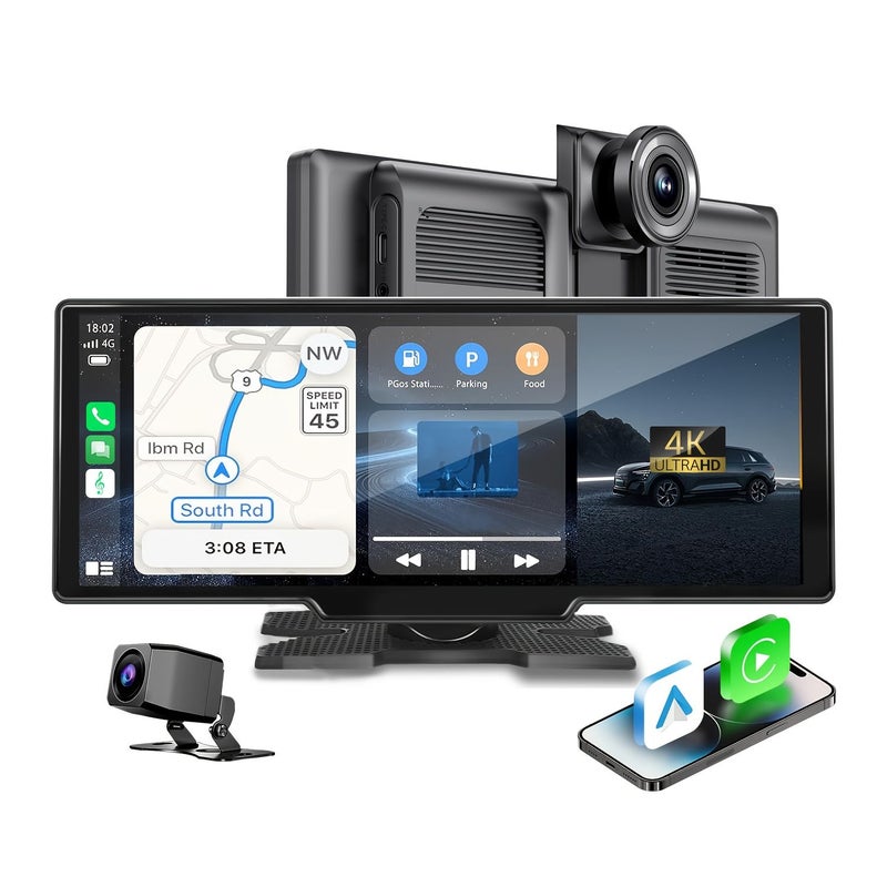 شاشة عرض أمامية 10.26 بوصة لكاميرا مراقبة السيارة،تدعم Carplay وAndroid Auto لاسلكيًا، ودقة كاميرا أمامية 4K وخلفية 1080P مع كابل طاقة. - Image 1