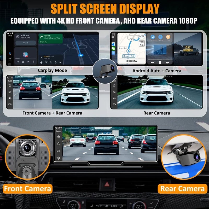شاشة عرض أمامية 10.26 بوصة لكاميرا مراقبة السيارة،تدعم Carplay وAndroid Auto لاسلكيًا، ودقة كاميرا أمامية 4K وخلفية 1080P مع كابل طاقة. - Image 4