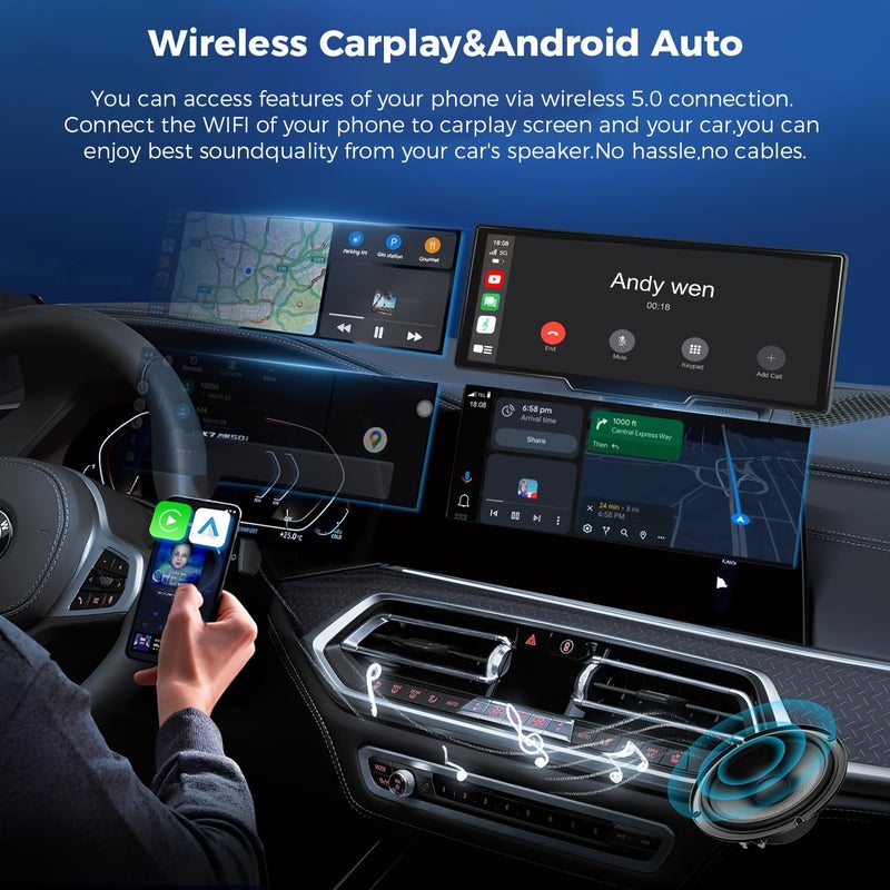 شاشة عرض أمامية 10.26 بوصة لكاميرا مراقبة السيارة،تدعم Carplay وAndroid Auto لاسلكيًا، ودقة كاميرا أمامية 4K وخلفية 1080P مع كابل طاقة. - Image 3