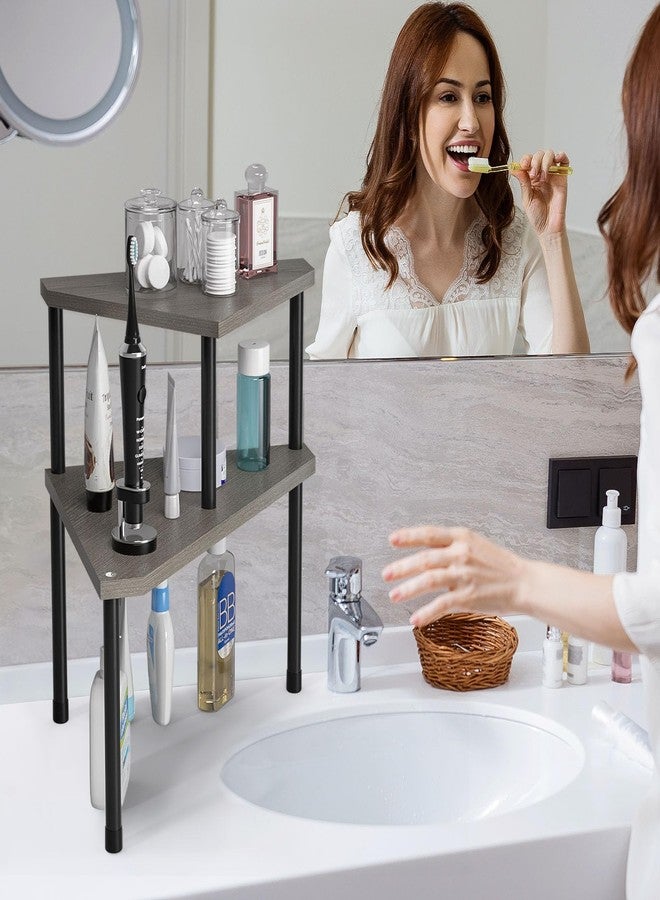 Weenson Bathroom Counter Organizer, Bathroom Sink Organizer for Makeup, 2 Tier Bathroom Organizer Countertop for Toiletries, Corner Shelf Kitchen Countertop Organizer for Spice Rack (Rustic Grey) - Image 2