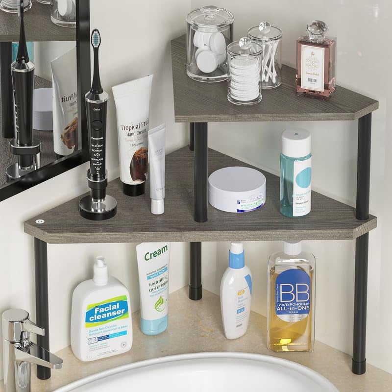 Weenson Bathroom Counter Organizer, Bathroom Sink Organizer for Makeup, 2 Tier Bathroom Organizer Countertop for Toiletries, Corner Shelf Kitchen Countertop Organizer for Spice Rack (Rustic Grey) - Image 1