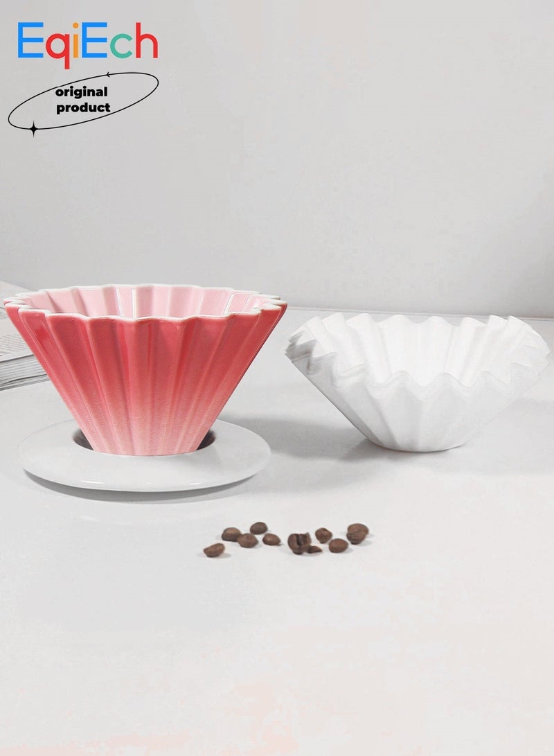 EqiEch V60 Ceramic Coffee Dripper Origami Style 1-2 Cups(50 Pcs Paper Filters Included) Reusable Pour Over Filter Cup for Cafe Home Office Restaurants Gradient Pink - Image 1