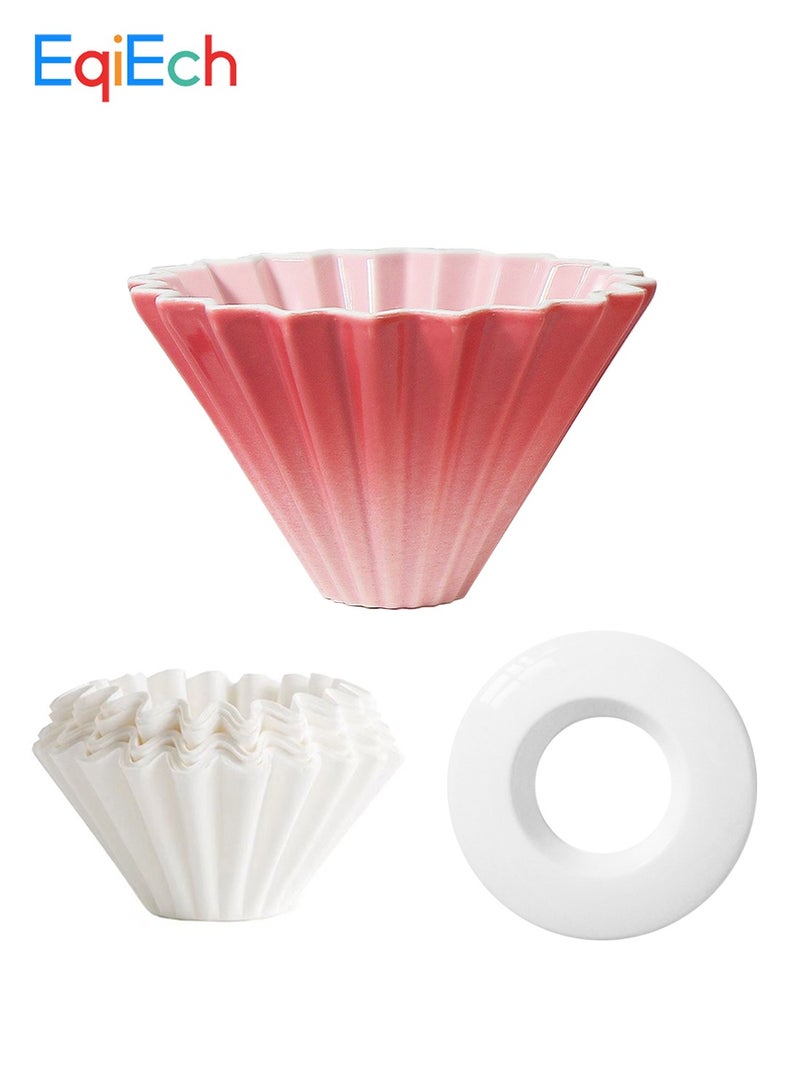 EqiEch V60 Ceramic Coffee Dripper Origami Style 1-2 Cups(50 Pcs Paper Filters Included) Reusable Pour Over Filter Cup for Cafe Home Office Restaurants Gradient Pink - Image 2