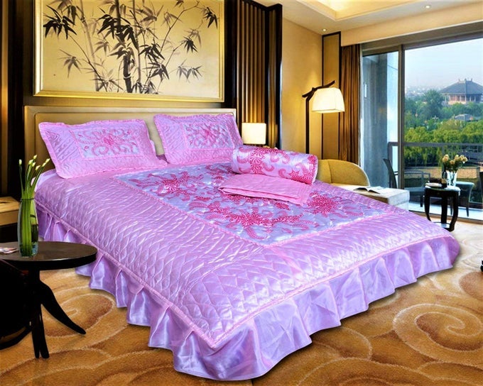 SATIN GOLD PRINTED 310 TC WEDDING BEDDING SET BEDSHEET WITH 2 PILLOW COVERS 1 AC COMFORTER FOR HOME LIVING ROOM PINK SET OF 4PCVIP PRINT