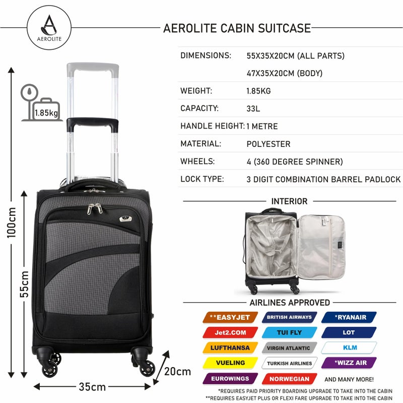 Aerolite Ultra Lightweight Carry On Hand Cabin Luggage Spinner Suitcase Travel Trolley with 4 Wheels, Black/Grey, 21" Cabin (55x35x20cm), Hand Luggage - Image 2