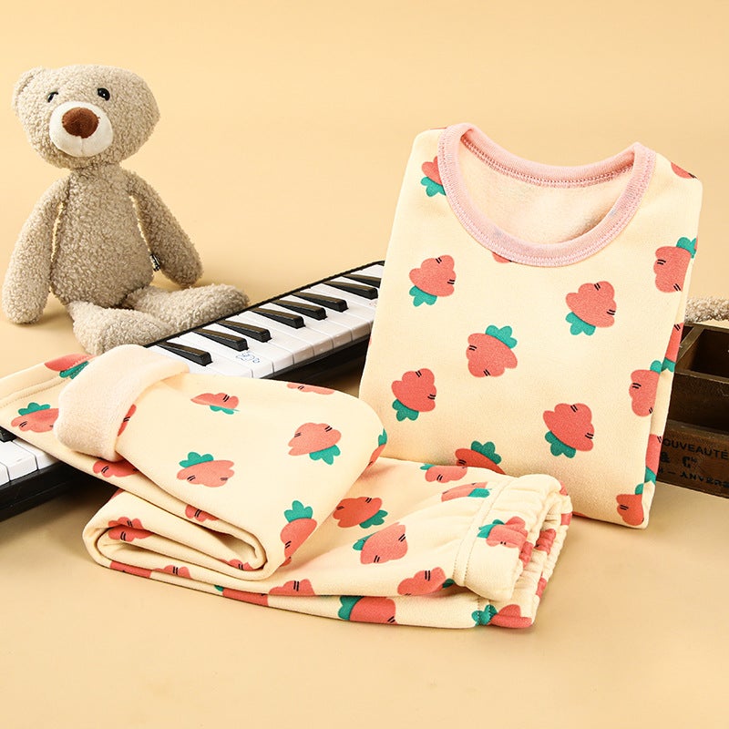 Kids Warm Velvet Cotton Underwear Set Red radish (plus velvet) 