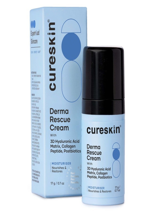 Cureskin كريم كيورسكين ديرما ريسكيو المرطب للوجه للبشرة الجافة والمفتقرة للترطيب والحساسة | تركيبة ثلاثية الأبعاد من حمض الهيالورونيك + ببتيد الكولاجين + بوستبيوتيك، 0.6 أونصة (عبوة واحدة) - Image 1