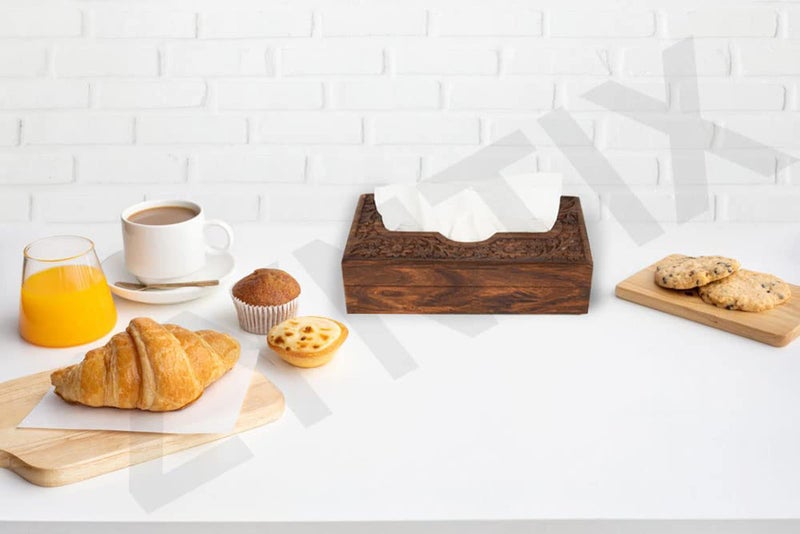 Zyntix Wooden Tissue Box Holder Cover 9x5 inch Napkin Holder Tissue Paper Holder for Dining Table Tissue Holder for Dining Table Napkin Holder Tissue Rack for Facial Napkins(Full Carving) - Image 2