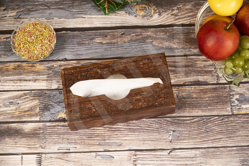 Zyntix Wooden Tissue Box Holder Cover 9x5 inch Napkin Holder Tissue Paper Holder for Dining Table Tissue Holder for Dining Table Napkin Holder Tissue Rack for Facial Napkins(Full Carving) - Image 4