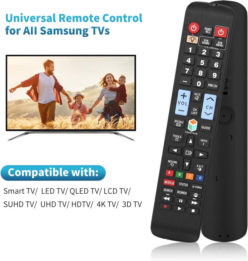 EWO'S جهاز تحكم عن بعد عالمي يناسب جميع أجهزة تلفزيون سامسونج من نوع LCD، LED، QLED، SUHD، UHD، HDTV، بالإضافة إلى أجهزة التلفزيون الذكية من نوع 4K و3D، مزود بأزرار لخدمات نتفليكس (Netflix) وبرايم فيديو (Prime Video) ومركز الخدمات الذكي (Smart Hub)، مع إضاءة خلفية. - Image 2