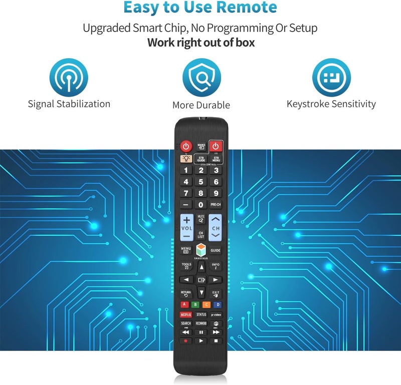 EWO'S جهاز تحكم عن بعد عالمي يناسب جميع أجهزة تلفزيون سامسونج من نوع LCD، LED، QLED، SUHD، UHD، HDTV، بالإضافة إلى أجهزة التلفزيون الذكية من نوع 4K و3D، مزود بأزرار لخدمات نتفليكس (Netflix) وبرايم فيديو (Prime Video) ومركز الخدمات الذكي (Smart Hub)، مع إضاءة خلفية. - Image 3