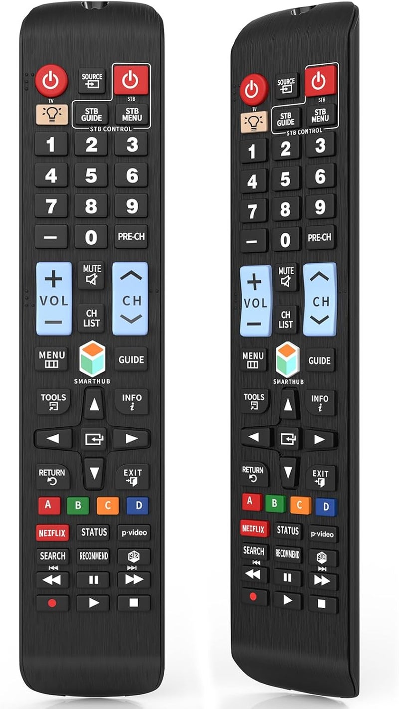 EWO'S جهاز تحكم عن بعد عالمي يناسب جميع أجهزة تلفزيون سامسونج من نوع LCD، LED، QLED، SUHD، UHD، HDTV، بالإضافة إلى أجهزة التلفزيون الذكية من نوع 4K و3D، مزود بأزرار لخدمات نتفليكس (Netflix) وبرايم فيديو (Prime Video) ومركز الخدمات الذكي (Smart Hub)، مع إضاءة خلفية. - Image 1