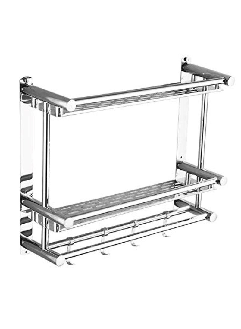 Wall-Mounted Stainless Steel Bathroom Shelf with Towel Rack Silver - Image 1
