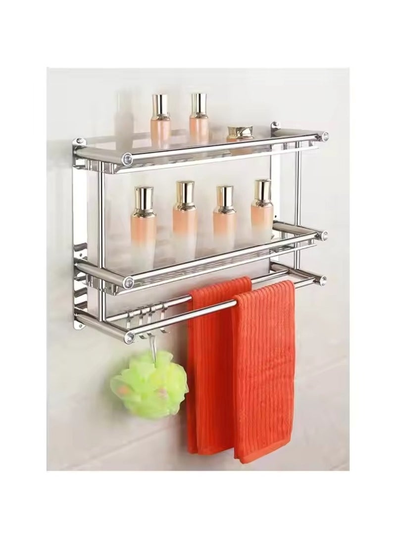Wall-Mounted Stainless Steel Bathroom Shelf with Towel Rack Silver - Image 3