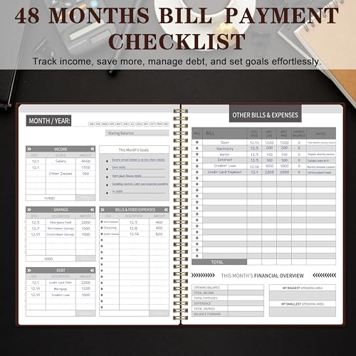 Kamoy Undated Monthly Bill Payment - 48-Month Undated Financial Organizer with Income Tracker, Savings & Debt Management, Yearly Goals, Expense Tracking 8.7×10.6 In, Brown - Image 3