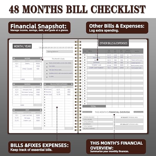 Kamoy Undated Monthly Bill Payment - 48-Month Undated Financial Organizer with Income Tracker, Savings & Debt Management, Yearly Goals, Expense Tracking 8.7×10.6 In, Brown - Image 4
