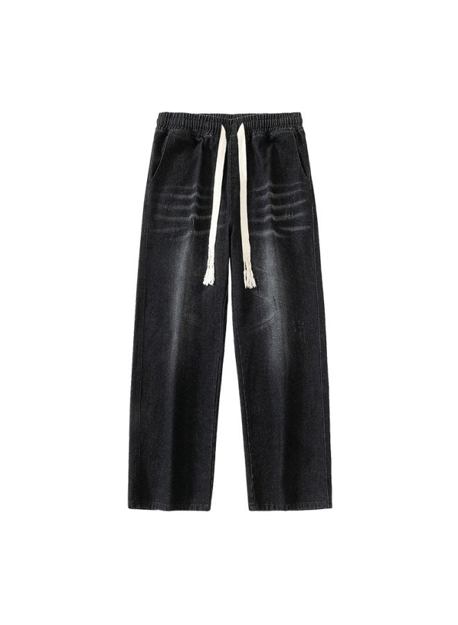Men's Clothing American Retro Distressed Jeans For Men, Autumn High Street Loose Straight-leg Lazy Style Floor-length Pants