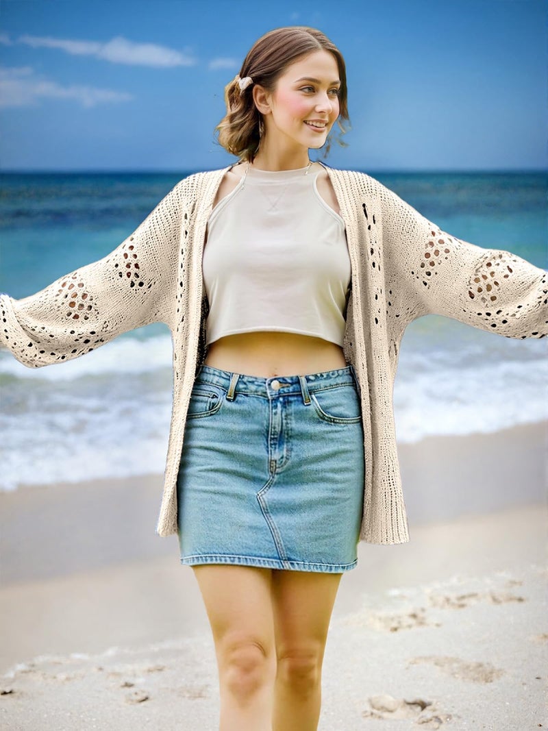 WIFFGO Womens Summer Crochet Lightweight Cardigan Coverups Boho Kimono Long Sleeve Open Front Knitted Outwear Cover Up Outfits A-Beige - Image 3
